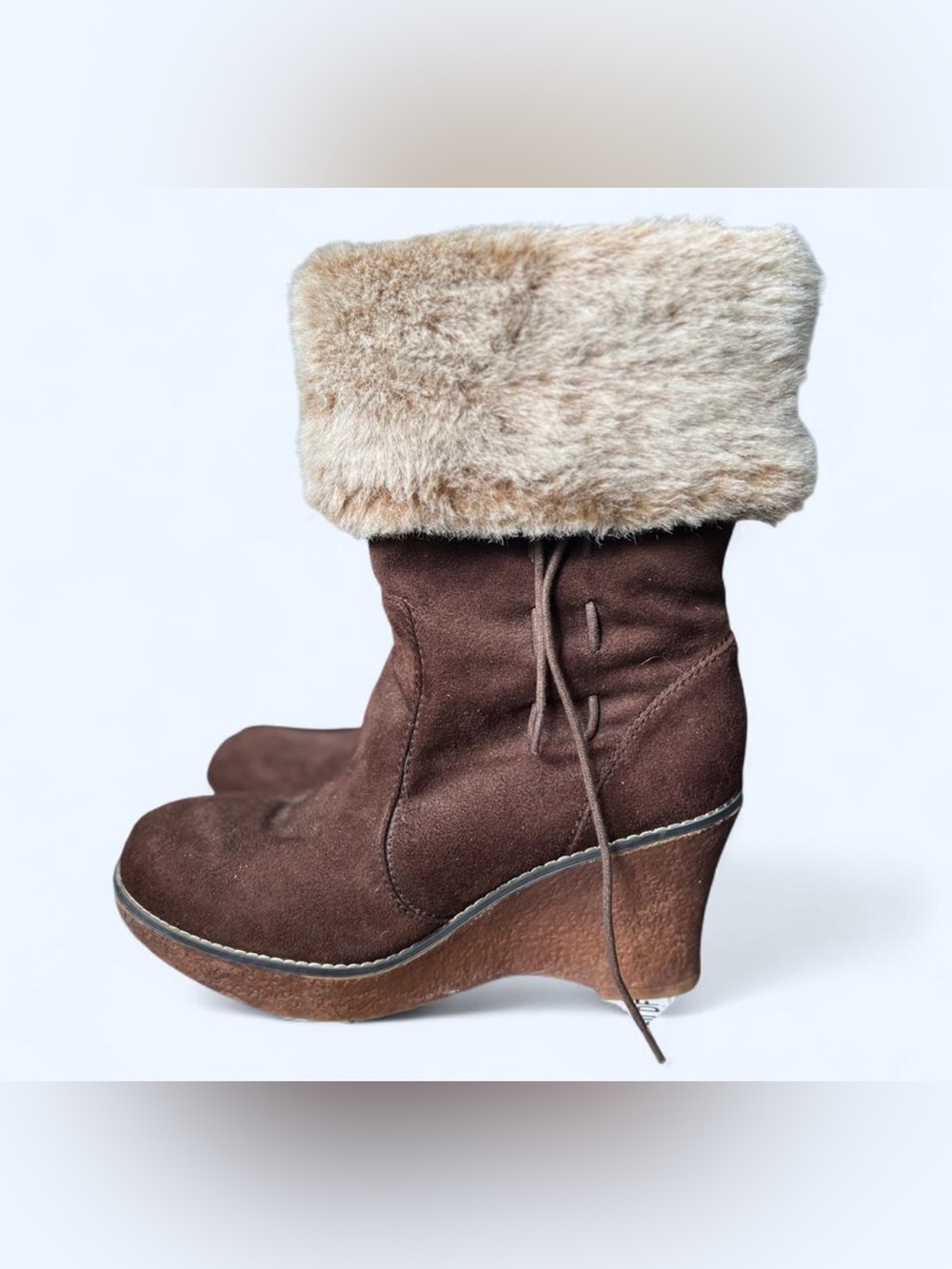 Upper East Side Y2K Brown Suede Faux Fur Cuff Wedge Boots Size 8.5